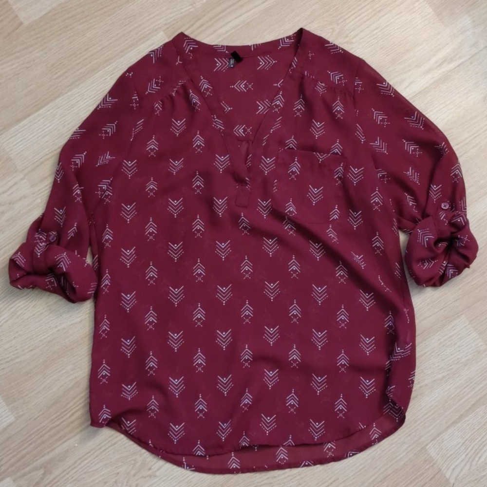 Maurices Maroon & White Semi Sheer Blouse